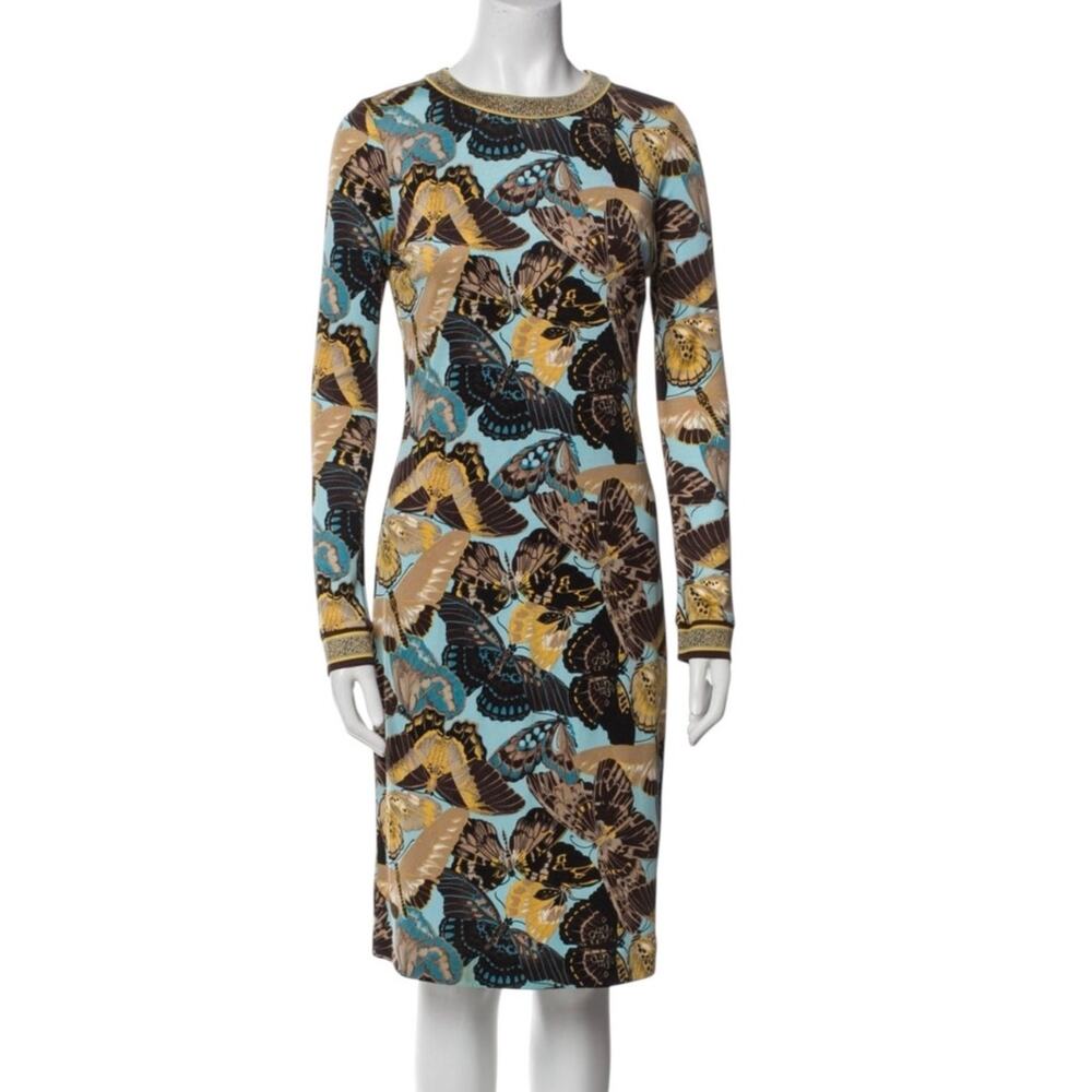 Tory Burch Kareema Blue Brown Yellow Butterfly Silk Knee Length Dress S Midi